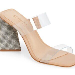 Schutz Ariellen Nude Vinyl Tan and Clear Women's Heels Rhinestones NWT
